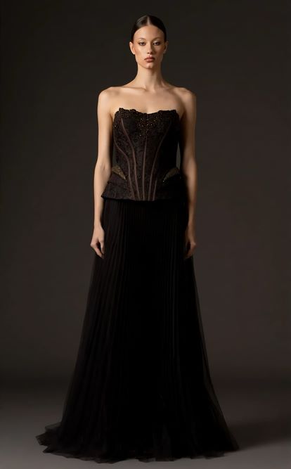 Kahverengi Pilise Tül Etekli Abiye Elbise